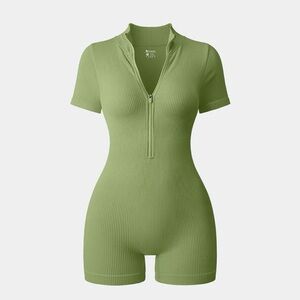 Green Ribbed Short Sleeve Romper